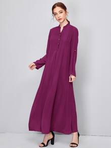 SHEIN Rolled Tab Sleeve Button Front Dress - Red Violet - View 4