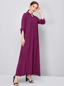 SHEIN Rolled Tab Sleeve Button Front Dress - Red Violet - View 5