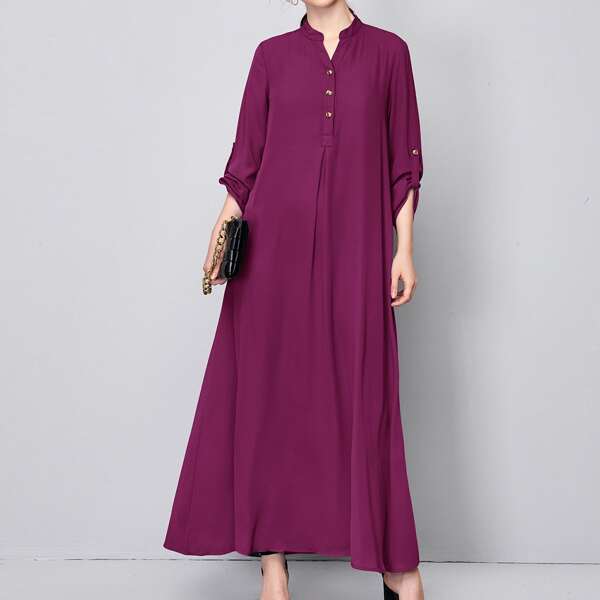 

Rolled Tab Sleeve Button Front Maxi Dress, Red violet