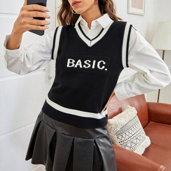 

Striped & Letter Graphic Cricket Sweater Vest, Black