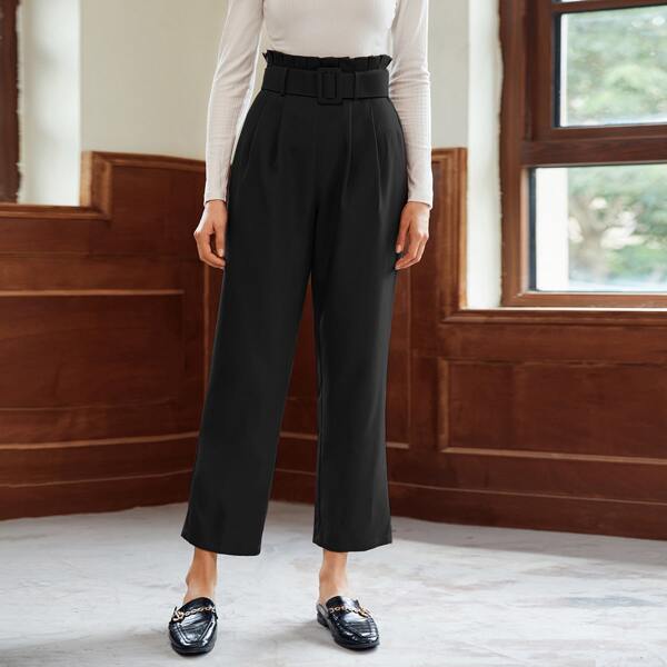 

Paperbag Waist Fold Pleated Front Self Buckle Belted Pants, Black