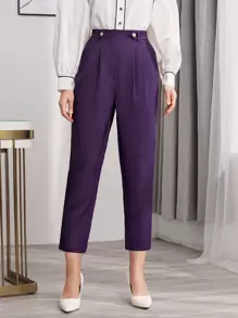 BizChic Button Fold Pleated Solid Trousers - Violet Purple - View 1