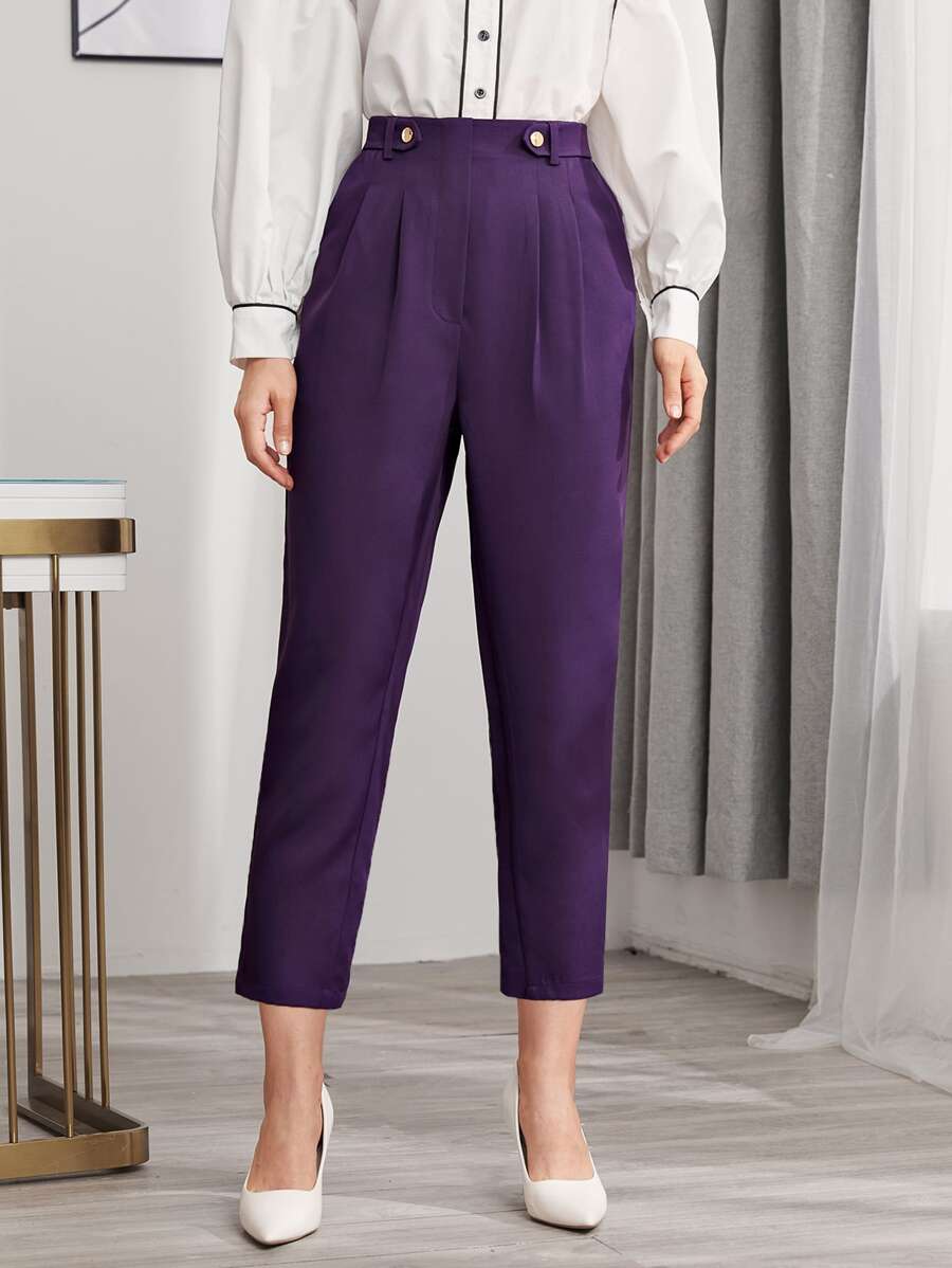 BizChic Button Fold Pleated Solid Trousers - Violet Purple - View 1