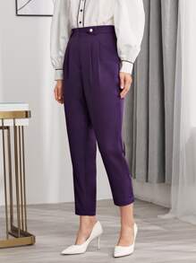 BizChic Button Fold Pleated Solid Trousers - Violet Purple - View 5