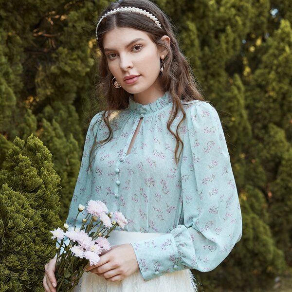 

Ditsy Floral Print Frill Neck Blouse, Mint blue