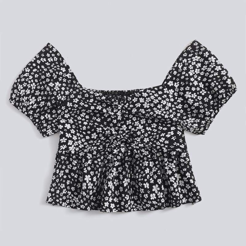

Ditsy Floral Shirred Blouse, Black
