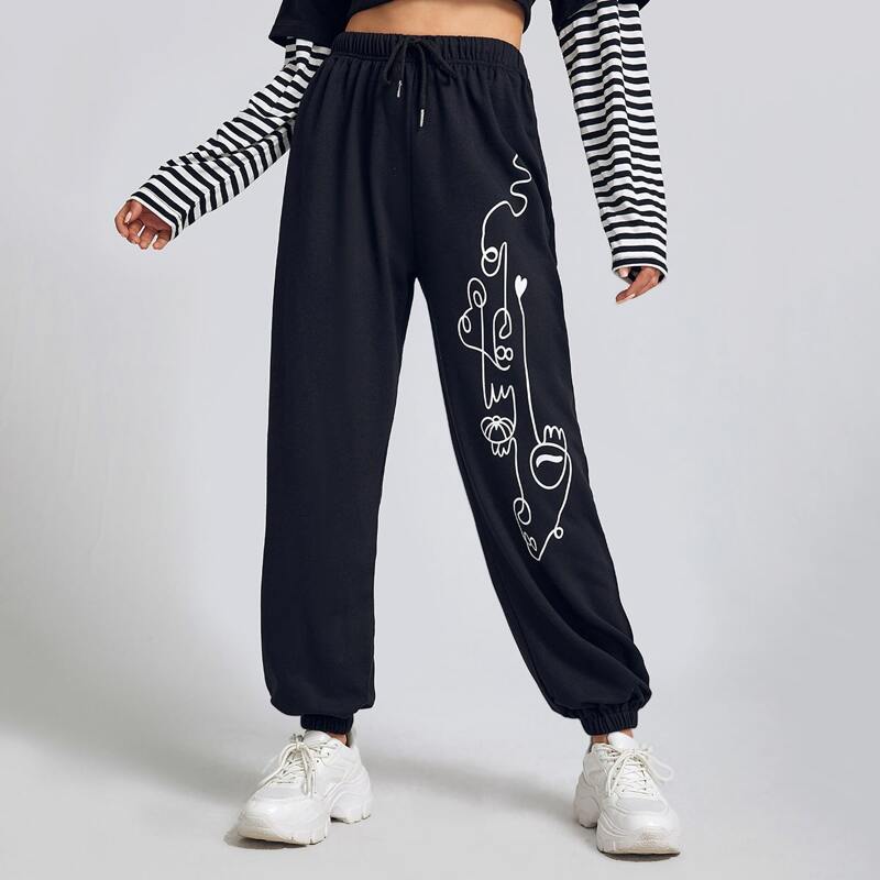 

Graphic Print Drawstring Sweatpants, Black