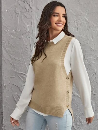 PiePieBuy Womens Knit Tank Tops Crew Neck Sleeveless Tunic Side Slit Button Cami Sweater Vest PiePieBuy Womens Knit Tank Tops Crew Neck Sleeveless Tunic Side Slit Button Cami Sweater Vest