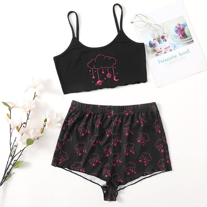 

Galaxy Print Cami Top With Shorts Pajama Set, Black