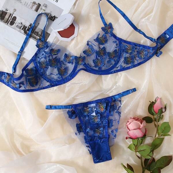 

Butterfly Appliques Embroidered Mesh Lingerie Set, Blue