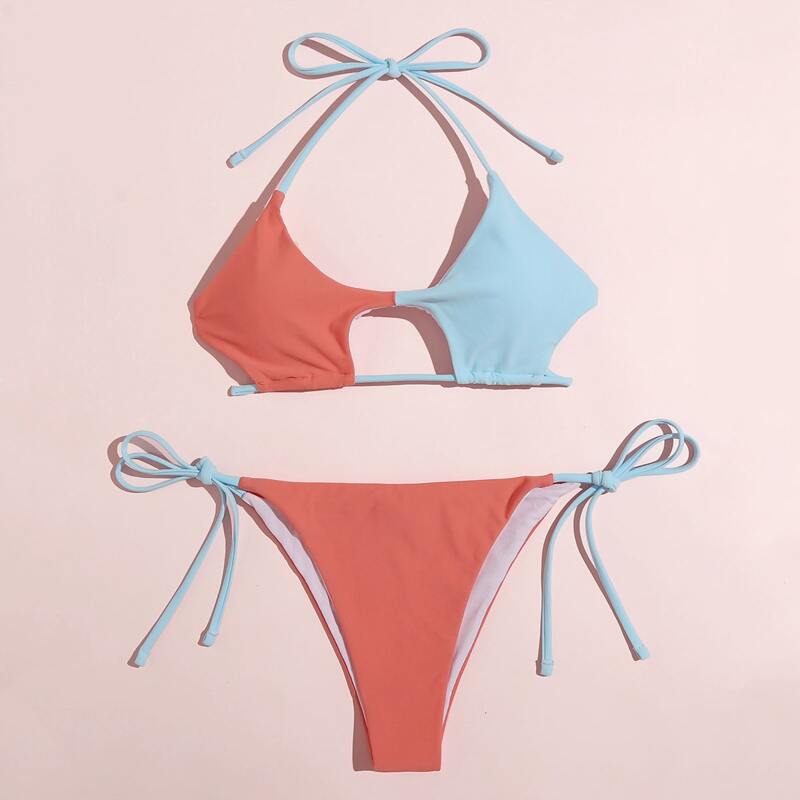 

Colorblock Cut-out Halter Bikini Swimsuit, Multicolor