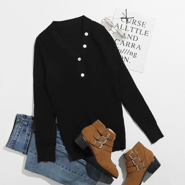 

Button Front Rib-knit Solid Sweater, Black