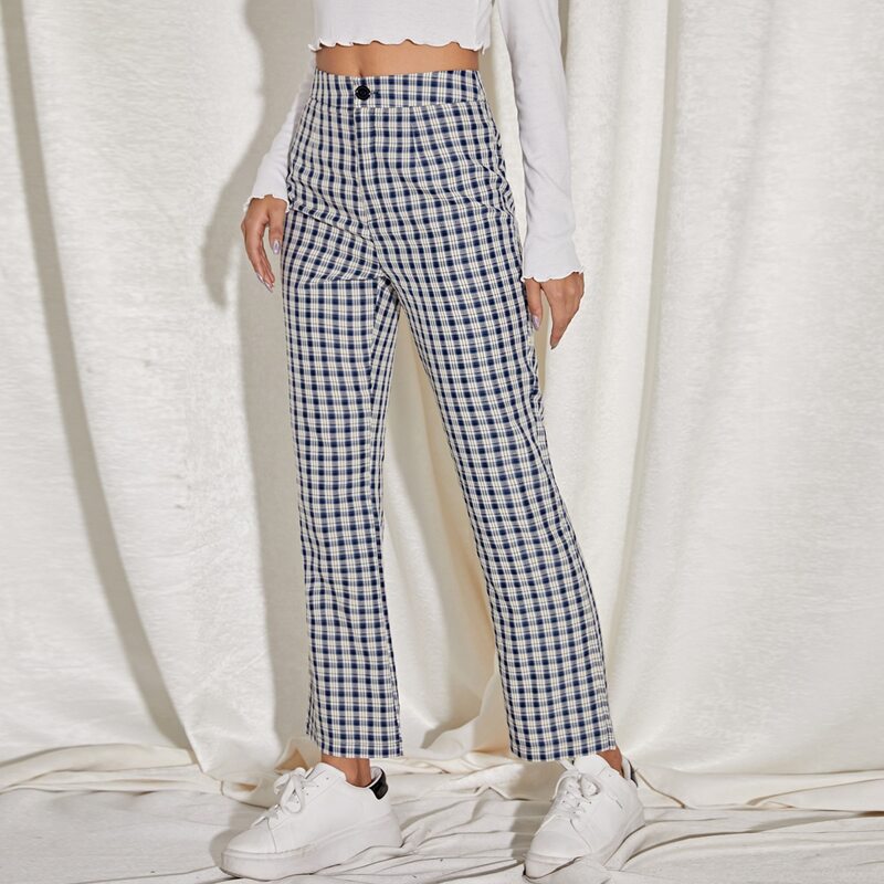 

High Waist Plaid Straight Leg Pants, Multicolor