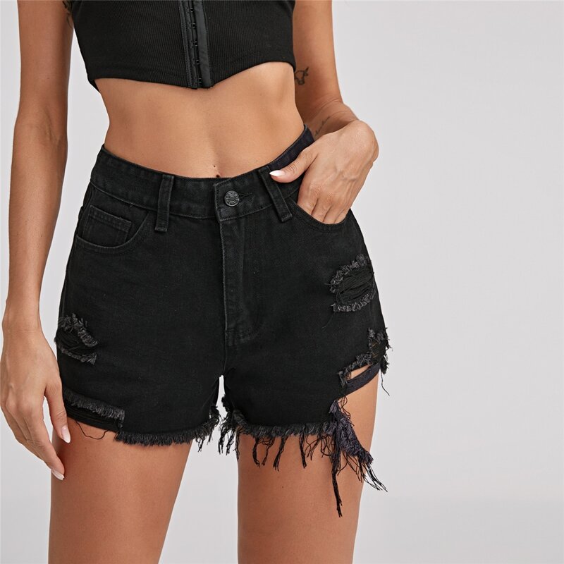 

High Waist Ripped Raw Hem Denim Shorts, Black