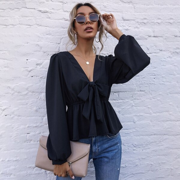 

Bishop Sleeve Tie Front Peplum Blouse, Black