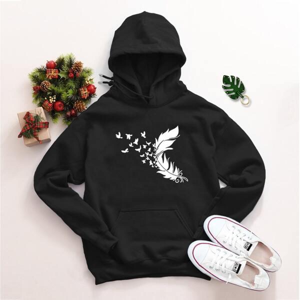 

Kangaroo Pocket Feather Print Drawstring Hoodie, Black