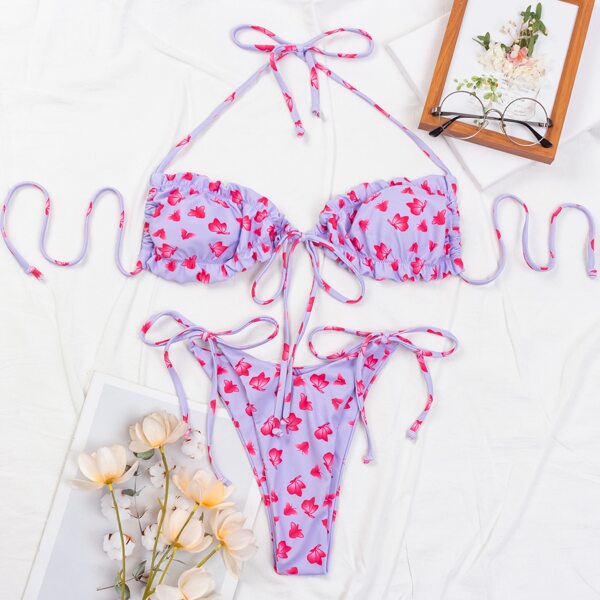 

Butterfly Print Frill Trim Tie Side Bikini Swimsuit, Multicolor