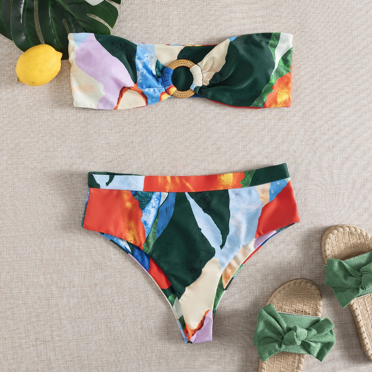 Image of Allover Graphic Ring Linked Bandeau Bikini Swimsuit