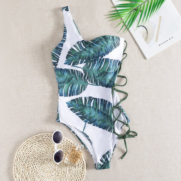 

Tropical Lace-up One Shoulder One Piece Swimsuit, Multicolor