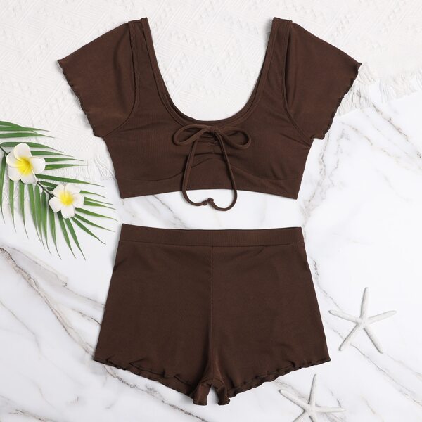 

Rib Knot Front Shorts Bikini Swimsuit, Brown