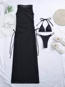 Swim Basics Summer Beach 3packs Mesh Micro Triangle Halter Bikini Set - Black - View 3