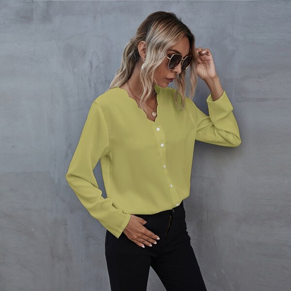 

Solid Scallop Trim Button Front Blouse, Yellow