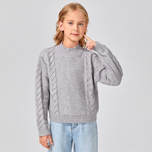 

Girls Mock Neck Cable Knit Sweater, Light grey