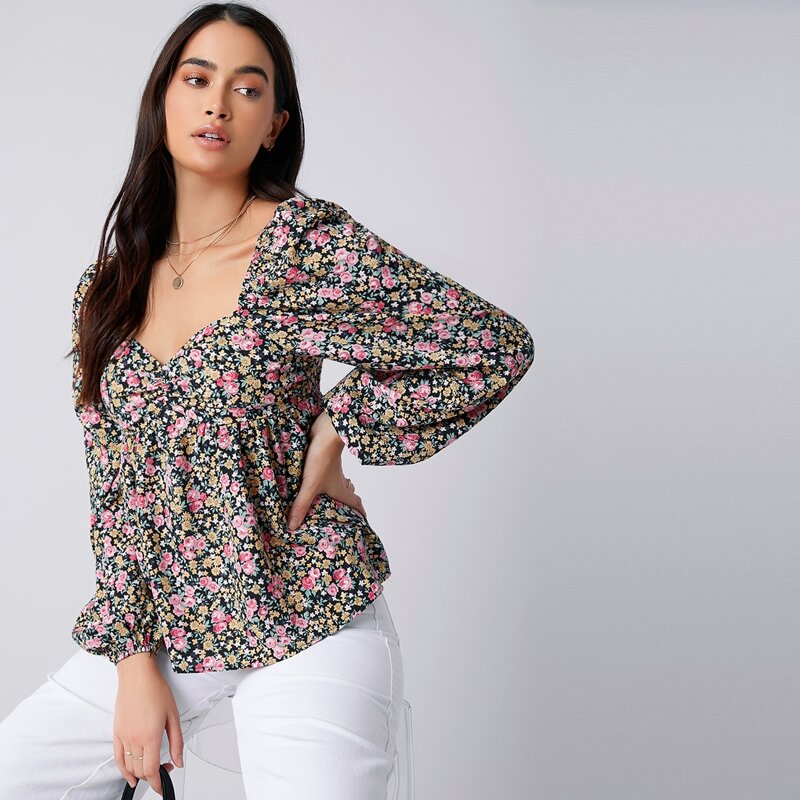 

Ditsy Floral Bishop Sleeve Ruched Top, Multicolor