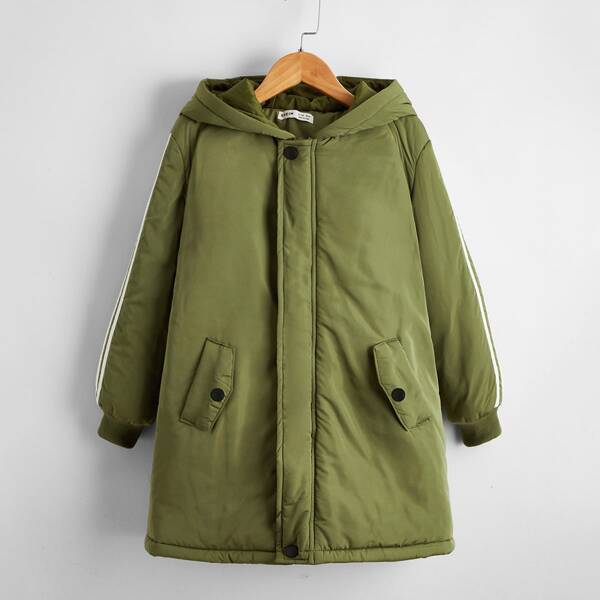

Boys Striped Tape Detail Flap Pocket Hooded Coat, Army green