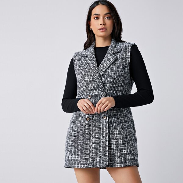 

Double Button Houndstooth Vest Coat, Black and white