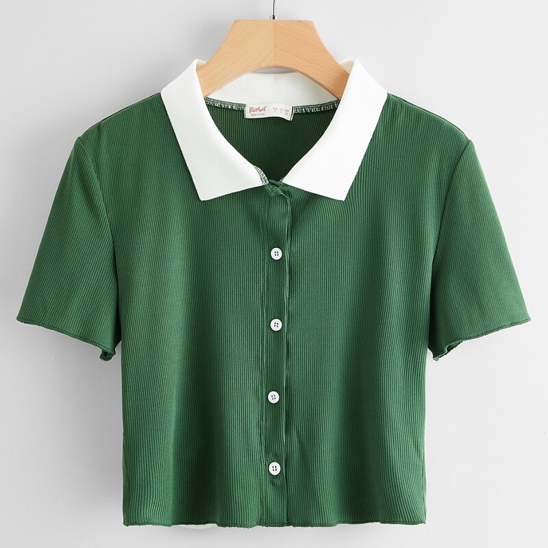 

Contrast Collar Button Front Tee, Green
