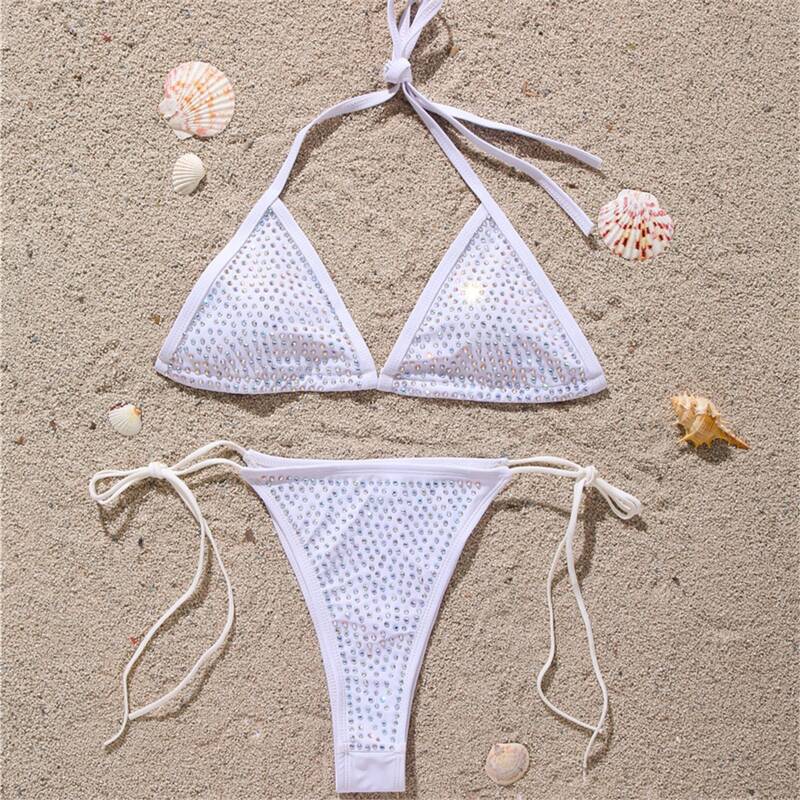 Rhinestone Decor Triangle Thong Bikini Swimsuit, White
