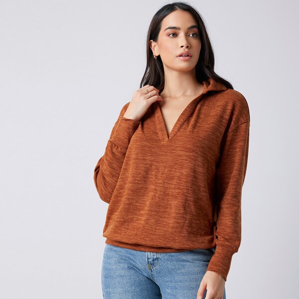 

Notched Neck Solid Sweater, Brown
