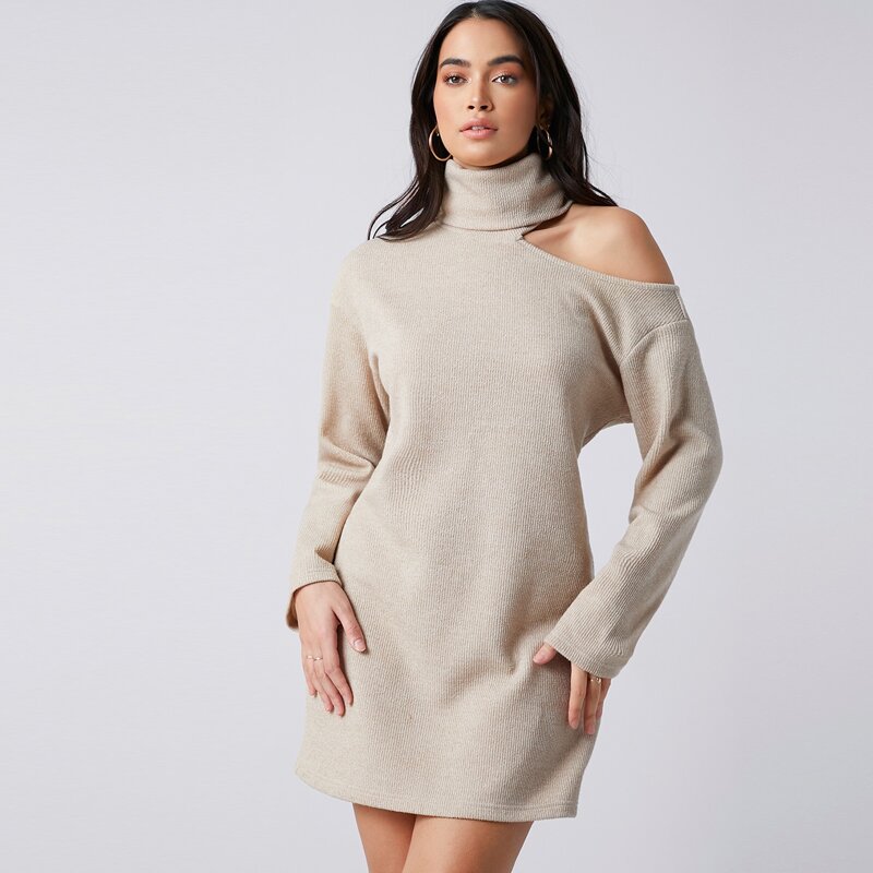 

High Neck Cut Out Rib-knit Sweater Dress, Beige