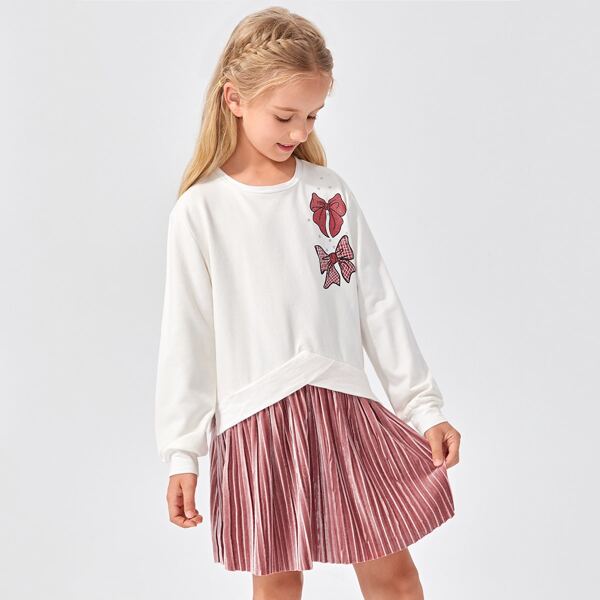 

Girls Glitter Graphic Contrast Velvet Pleated Hem Sweatshirt Dress, Multicolor