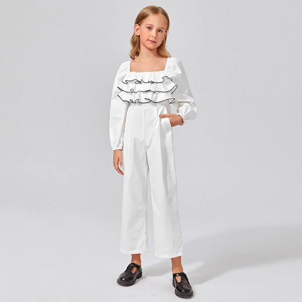 

Girls Contrast Stitch Ruffle Trim Shirred Back Jumpsuit, White