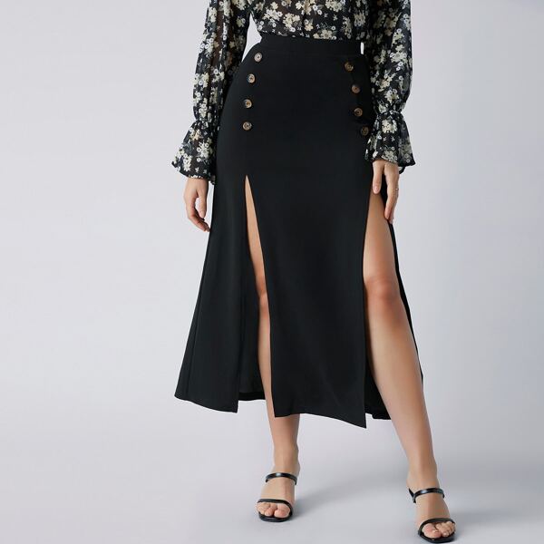 

Double Breasted Split Thigh Skirt, Black
