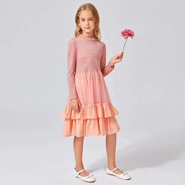 

Girls Glitter Bodice Mesh Ruffle Hem Dress, Coral pink