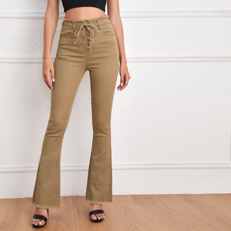 

High Waist Lace Up Flare Leg Jeans, Khaki