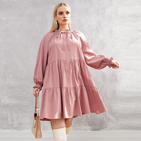 

Plus Tie Neck Frilled Smock Dress, Dusty pink