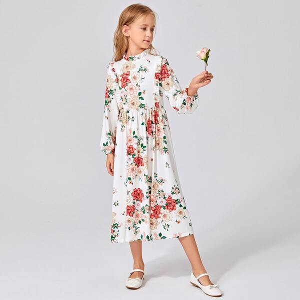 

Girls Frill Trim Floral Print Dress, Multicolor