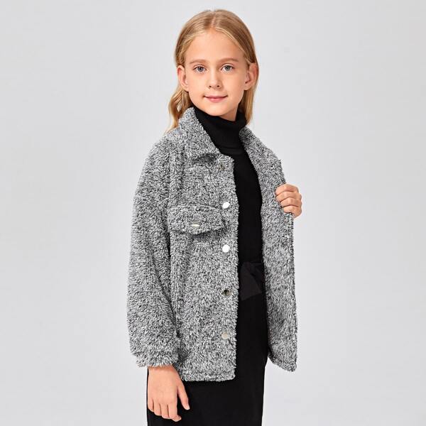 

Girls Single Breasted Flap Detail Teddy Coat, Grey