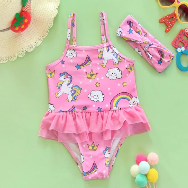 

Baby Girl Cartoon Graphic One Piece Swimsuit With Headband, Pink