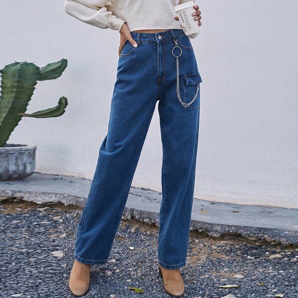 

Ring Chain Detail Pocket Jeans, Medium wash
