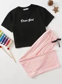 SHEIN Tween Girl 字母图案上衣和打结条纹裤睡衣套装 - 彩色 - 查看 1