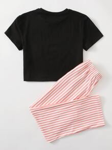 SHEIN Tween Girl 字母图案上衣和打结条纹裤睡衣套装 - 彩色 - 查看 2