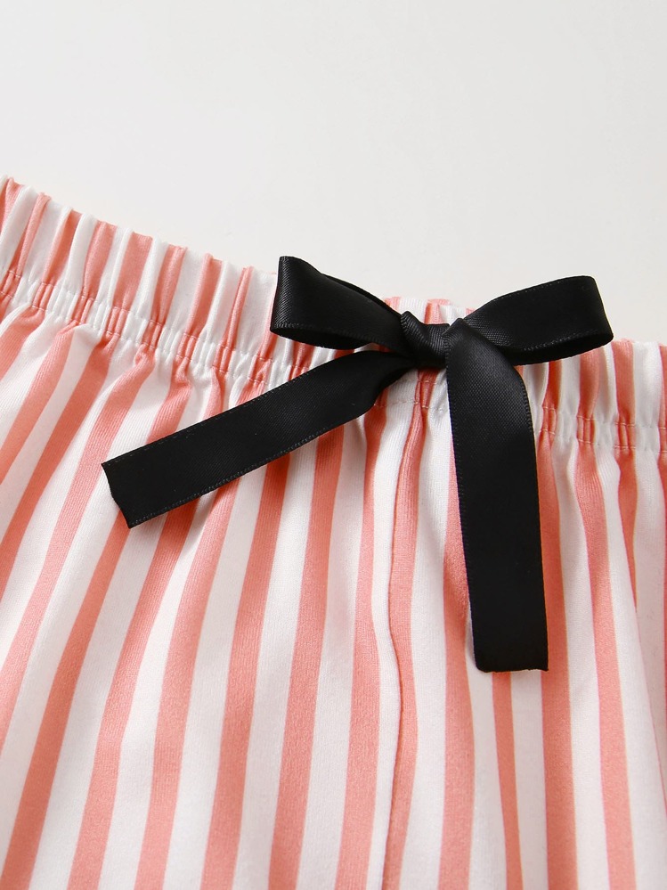 SHEIN Tween Girl 字母图案上衣和打结条纹裤睡衣套装 - 彩色 - 查看 4