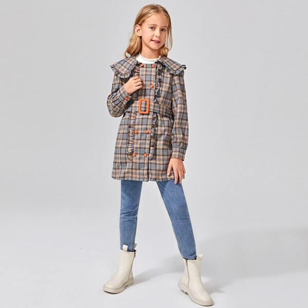

Girls Frill Trim Belted Plaid Pea Coat, Multicolor