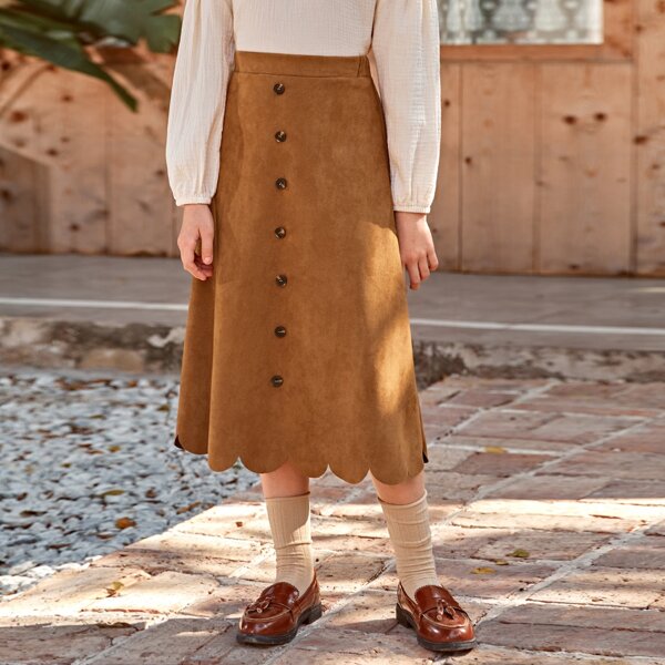 

Girls Single Breasted Scallop Hem Suede Skirt, Brown