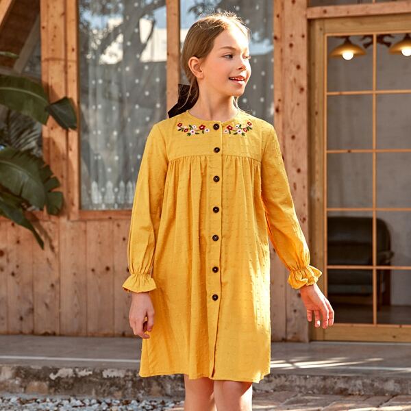 

Girls Floral Embroidered Ruffle Cuff Swiss Dot Smock Dress, Yellow